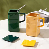 Yellow Creative Retro Refrigerator Ceramic Mug with Lid and Straw - 550ml Coffee Cup - Unique Gift for Couples or Office Use - Side View