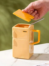 Yellow Creative Retro Refrigerator Ceramic Mug with Lid and Straw - 550ml Coffee Cup - Unique Gift for Couples or Office Use - Top-Down View