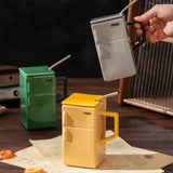 Yellow Creative Retro Refrigerator Ceramic Mug with Lid and Straw - 550ml Coffee Cup - Unique Gift for Couples or Office Use - 45-Degree Angle