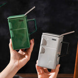 Grey Creative Retro Refrigerator Ceramic Mug with Lid and Straw - 550ml Coffee Cup - Unique Gift for Couples or Office Use - Front View