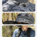 Gray Camouflage Solar-Powered Cooling Wide Brim Hat - USB Rechargeable Dual Fan Fisherman Cap - UPF50+ Sun Protection and Quick-Dry Design for Men and Women - Side View