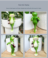 2 Pcs Green Realistic Standing Frog Pot Hanger – Glass Fish Tank Edge Decor, Outdoor Garden Animal Ornament, Hanging Planter Decoration - Front View