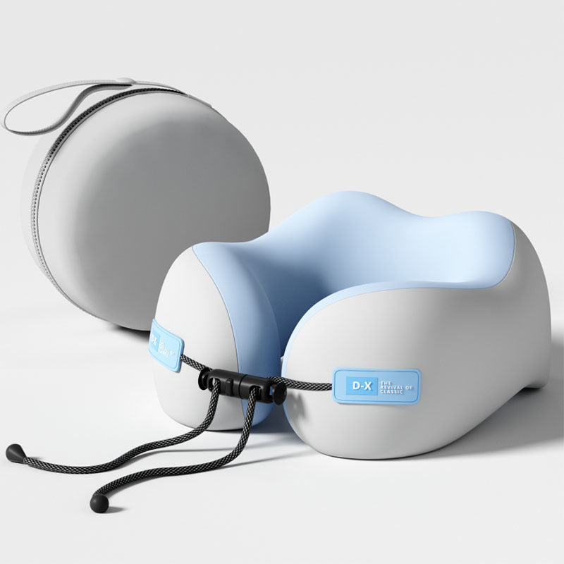 Blue And Grey Portable U-Shaped Memory Foam Travel Pillow ??Ergonomic Neck Support for Airplane, Car, Office ??Lightweight & Compact with Storage Box