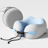 Blue And Grey Portable U-Shaped Memory Foam Travel Pillow ??Ergonomic Neck Support for Airplane, Car, Office ??Lightweight & Compact with Storage Box