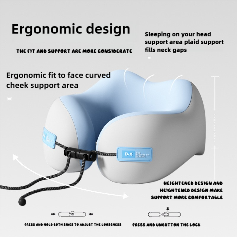 Blue And Grey Portable U-Shaped Memory Foam Travel Pillow ??Ergonomic Neck Support for Airplane, Car, Office ??Lightweight & Compact with Storage Box