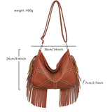 Brown Trendy Rivet Fringe Shoulder Bag - Large Capacity Soft Leather Handbag for Women, Perfect for Travel and Leisure - Front View