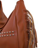 Brown Trendy Rivet Fringe Shoulder Bag - Large Capacity Soft Leather Handbag for Women, Perfect for Travel and Leisure - 45-Degree Angle