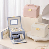 Light Blue Luxury PU Leather Jewelry Storage Box - 3-Tier Organizer with Mirror for Necklaces, Earrings, and Rings(Jewelry is a photo prop and is not included) - Front View