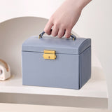 Light Blue Luxury PU Leather Jewelry Storage Box - 3-Tier Organizer with Mirror for Necklaces, Earrings, and Rings(Jewelry is a photo prop and is not included) - Top-Down View