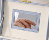 Light Blue Luxury PU Leather Jewelry Storage Box - 3-Tier Organizer with Mirror for Necklaces, Earrings, and Rings(Jewelry is a photo prop and is not included) - Close-Up Angle