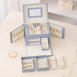 White Pink Luxury PU Leather Jewelry Storage Box - 3-Tier Organizer with Mirror for Necklaces, Earrings, and Rings(Jewelry is a photo prop and is not included) - Side View