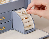White Pink Luxury PU Leather Jewelry Storage Box - 3-Tier Organizer with Mirror for Necklaces, Earrings, and Rings(Jewelry is a photo prop and is not included) - Rear View