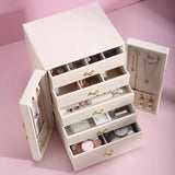White Elegant 5-Layer Large Capacity Jewelry Storage Box with Dual Opening Doors - Perfect for Organizing Necklaces, Rings, Earrings, and More(Jewelry is a photo prop and is not included) - Top-Down View