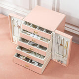 Pink Elegant 5-Layer Large Capacity Jewelry Storage Box with Dual Opening Doors - Perfect for Organizing Necklaces, Rings, Earrings, and More(Jewelry is a photo prop and is not included) - Top-Down View