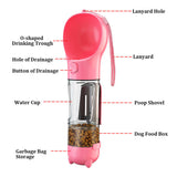 Pink 500ml Portable Pet Water Bottle | Multifunctional Travel Pet Feeder | Outdoor Dog Drinking Bottle with Waste Shovel - Front View