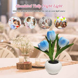 White Flowers USB Tulip Night Light - Bedroom Decor Table Lamp with PU Flowers & Ceramic Pot, Perfect Gift for Family & Friends - 45-Degree Angle