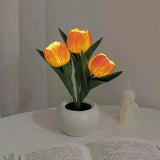 Orange Flowers USB Tulip Night Light - Bedroom Decor Table Lamp with PU Flowers & Ceramic Pot, Perfect Gift for Family & Friends - Close-Up Angle