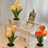 Yellow Flowers USB Tulip Night Light - Bedroom Decor Table Lamp with PU Flowers & Ceramic Pot, Perfect Gift for Family & Friends - Front View