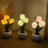 Yellow Flowers USB Tulip Night Light - Bedroom Decor Table Lamp with PU Flowers & Ceramic Pot, Perfect Gift for Family & Friends - Side View
