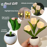 Yellow Flowers USB Tulip Night Light - Bedroom Decor Table Lamp with PU Flowers & Ceramic Pot, Perfect Gift for Family & Friends - Top-Down View