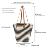 Black And White Stripes Handmade Large Capacity Striped Beach Tote Bag with Zipper and Inner Pocket - Summer Vacation Woven Shoulder Bag for Women - Side View