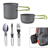 Green And Grey Compact Outdoor Camping Cookware Set with 410 Stainless Steel Utensils - Front View