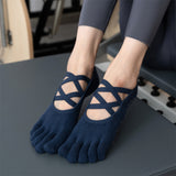 2 Pcs Brick Red Non-Slip Yoga Pilates Socks with Toe Design for Women - Cotton Blend with Anti-Slip Silicone Grip - Side View