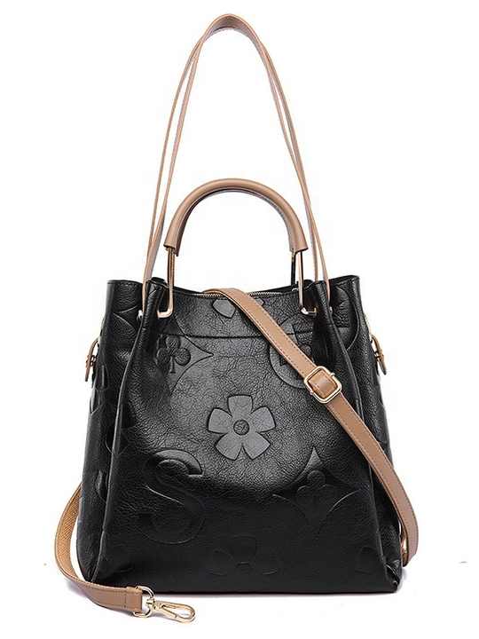 Black Elegant Embossed PU Leather Tote Bag for Women - Large Capacity Handbag with Inner Pouch