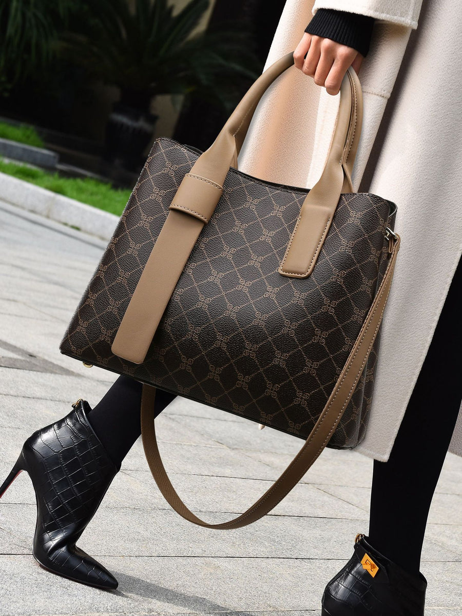 Beige And Blue Retro Fashion Handbag - Elegant Tote with Large Capacity for Work and Daily Use