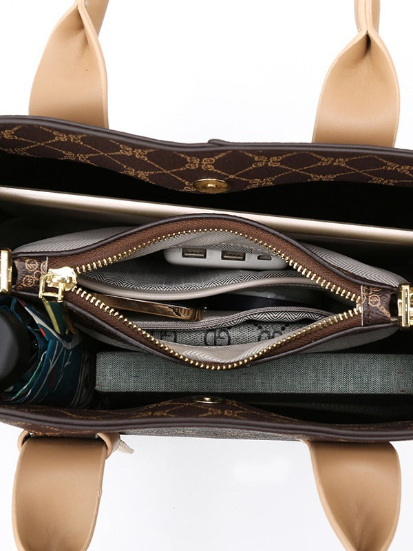 Beige And Blue Retro Fashion Handbag - Elegant Tote with Large Capacity for Work and Daily Use
