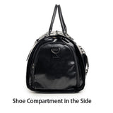 Black PU Leather Travel Duffel Bag - Multifunctional Overnight Gym Bag with Spacious Compartments - Side View