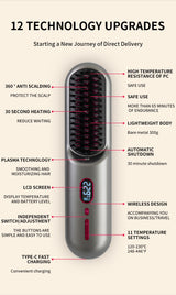 White Rechargeable Portable Ionic Hair Straightening Comb - USB Wireless Travel Hair Style - Top-Down View