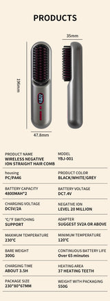 White Rechargeable Portable Ionic Hair Straightening Comb - USB Wireless Travel Hair Style - 45-Degree Angle
