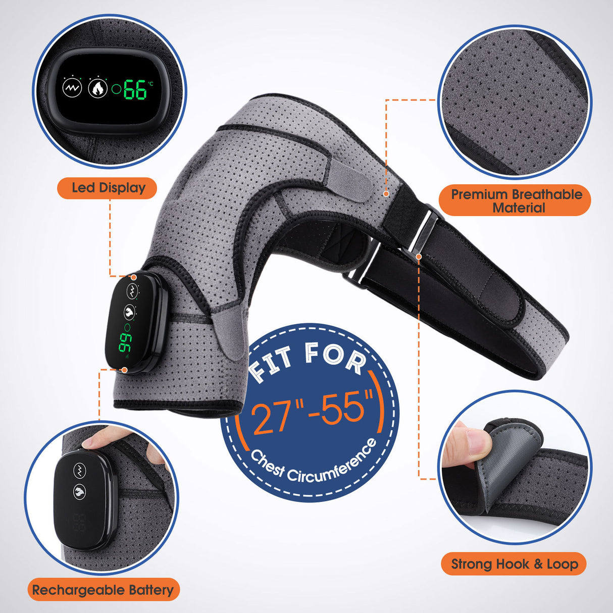 Black Rechargeable Heated Shoulder Massager with LED Display - Adjustable Compression Wrap for Pain