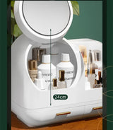 Ivory  White LED Vanity Makeup Organizer with Partition Storage and Touch-Control Mirror - Large Capacity Cosmetic Box - Side View