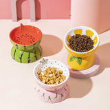 Ceramic Elevated Pet Food Bowl - Cute Lemon Pattern Design for Cats and Small Dogs - Front View