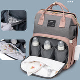 Multifunctional Diaper Backpack with Mosquito Net and Insulated Pockets - Pink and Grey - Side View