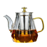 Elegant Glass Teapot with Gold Handle and Stainless Steel Infuser - 1000ml Capacity - Side View