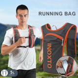Lightweight Hydration Running Vest with 5L Capacity and Reflective Strips, Gray backpack with Blue text - Front View