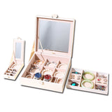 White Luxury Quilted Jewelry Storage Box with Mirror and Multi-Layer Compartments - Front View