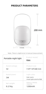 Portable LED Night Light with 16 Colors, 4 Dimming Modes, and Remote Control - 45-Degree Angle