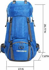 Turquoise 60L Waterproof Hiking Backpack with Multi-Pocket Design for Outdoor Adventures - 45-Degree Angle