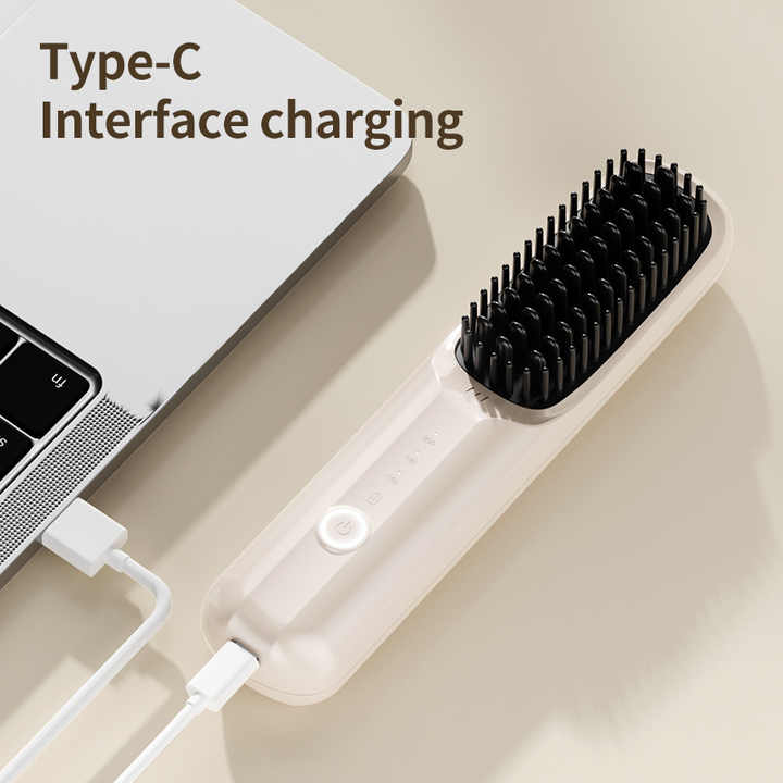 Beige Rechargeable Wireless Hair Straightening Brush - Sleek and Portable Styling Tool