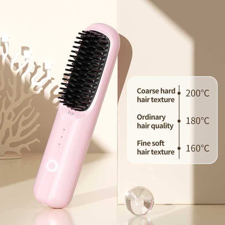 Beige Rechargeable Wireless Hair Straightening Brush - Sleek and Portable Styling Tool