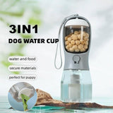 Gray 3-in-1 Portable Pet Water Bottle with Food Storage and Waste Bag Dispenser - 300mL Capacity - Front View