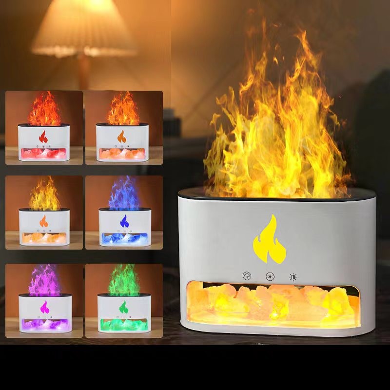 Black Himalayan Salt Flame Aroma Diffuser - 250ml Ultrasonic Humidifier with 7-Color LED Light for Relaxation and Decor