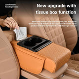 GT-6 Embroidery Orange ,Multifunctional Car Armrest Storage Box Cushion - Universal Fit with Cup Holder and Tissue Dispenser - Side View