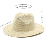 White Women's Wide-Brim Straw Hat with Rhinestones - Elegant and Breathable Sun Hat for Summer Outdoors,M(56-58cm) - Front View