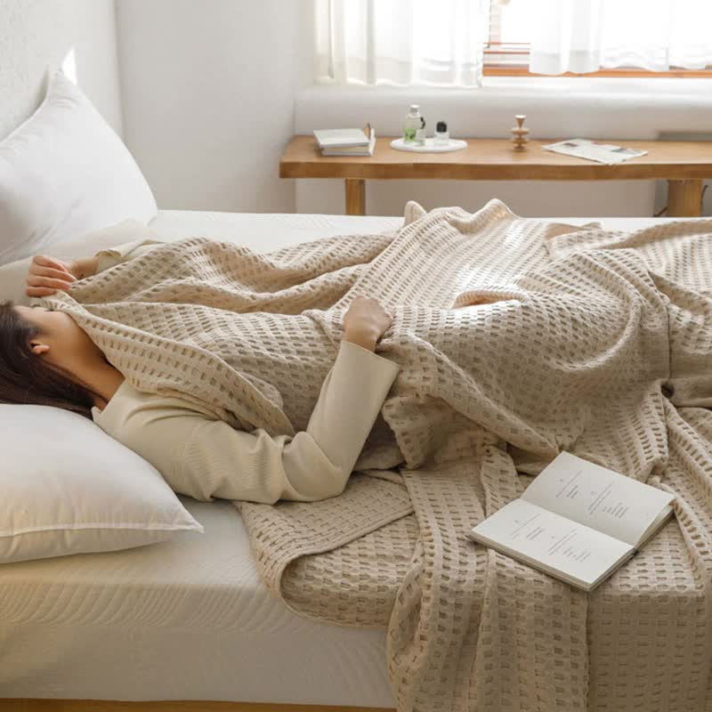 Cotton Waffle Blanket - Air Conditioning Blanket/Throw/Summer Quilt, 100*152cm,Khaki