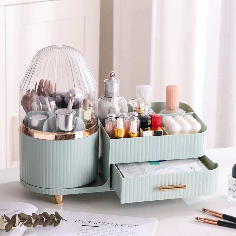 Cream Color Rotating Makeup Organizer Box - Multi-Compartment Cosmetic Storage with Dustproof Cover